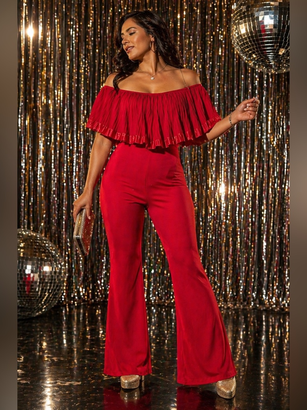 Disco Red Off-Shoulder One Piece Long Leg Jumpsuit NWT